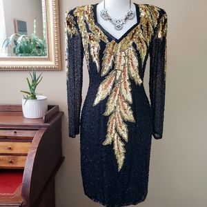 Vintage 1980's Lillie Rubin Long Sleeve Open Back Beaded Sequin Cocktail Dress